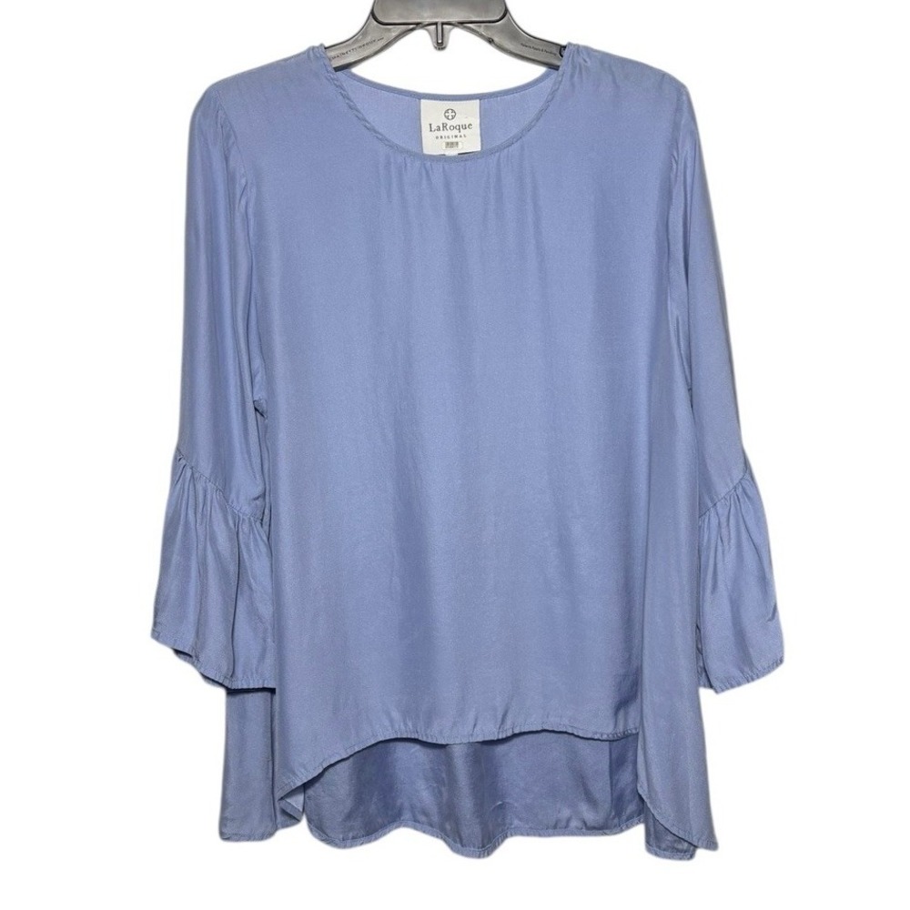 La Roque Original 100% Silk Blue Blouse Size OS‎ Flutter Sleeve High Lo
